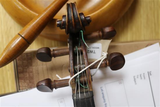 A 19th century violin, with single piece back, stamped Aubert to the bridge, L 365cm (body)